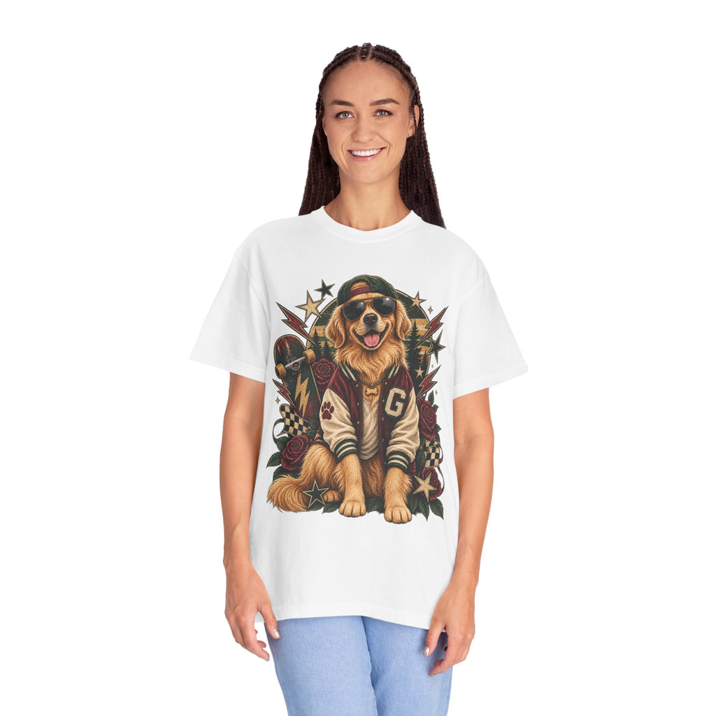 Golden Retriever Varsity T-Shirt — Retro Dog Jacket Design