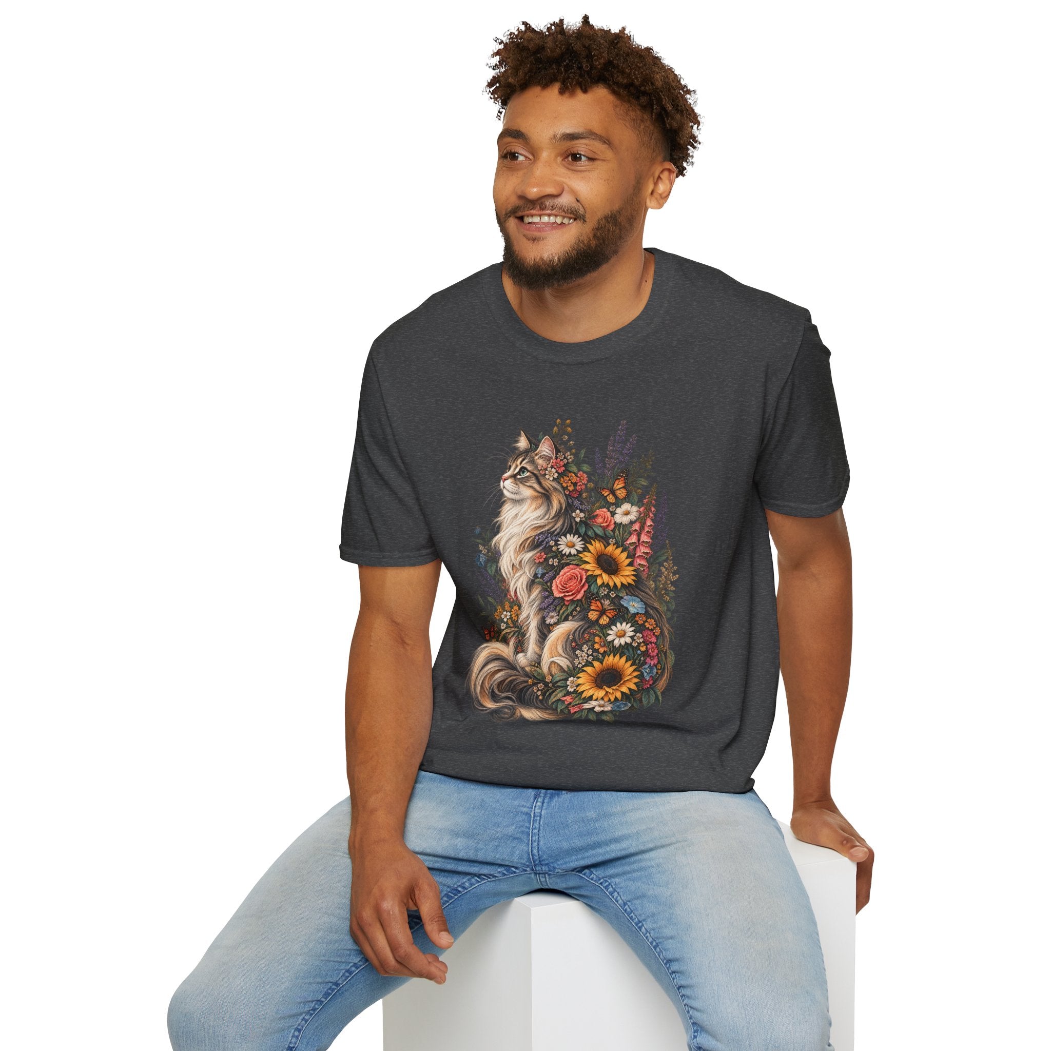 Floral Cat T-Shirt — Sunflower & Wildflower Cat Illustration Tee