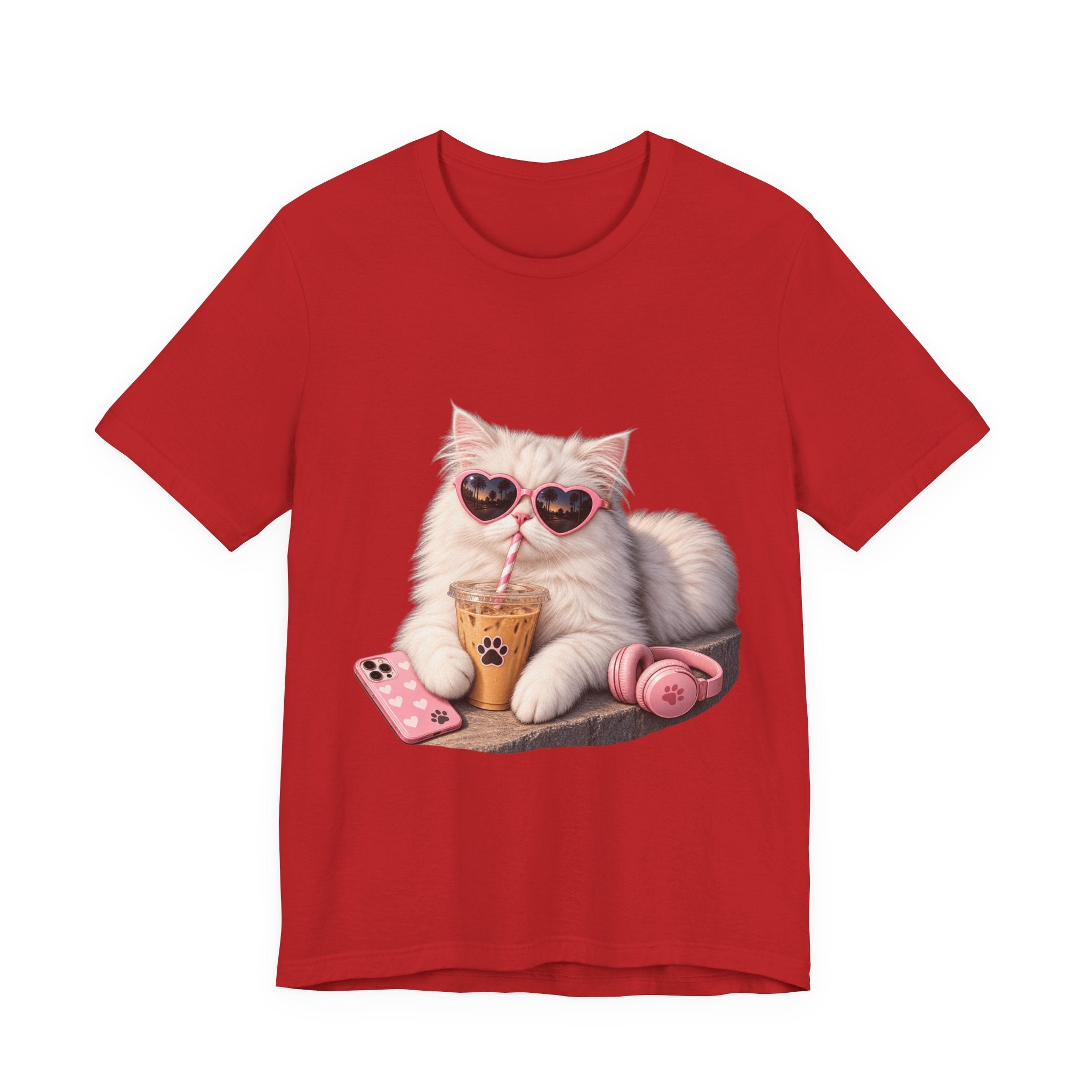 Cat With Boba T-Shirt — Cute White Cat Wearing Heart Sunglasses, Phone & Headphones Tee