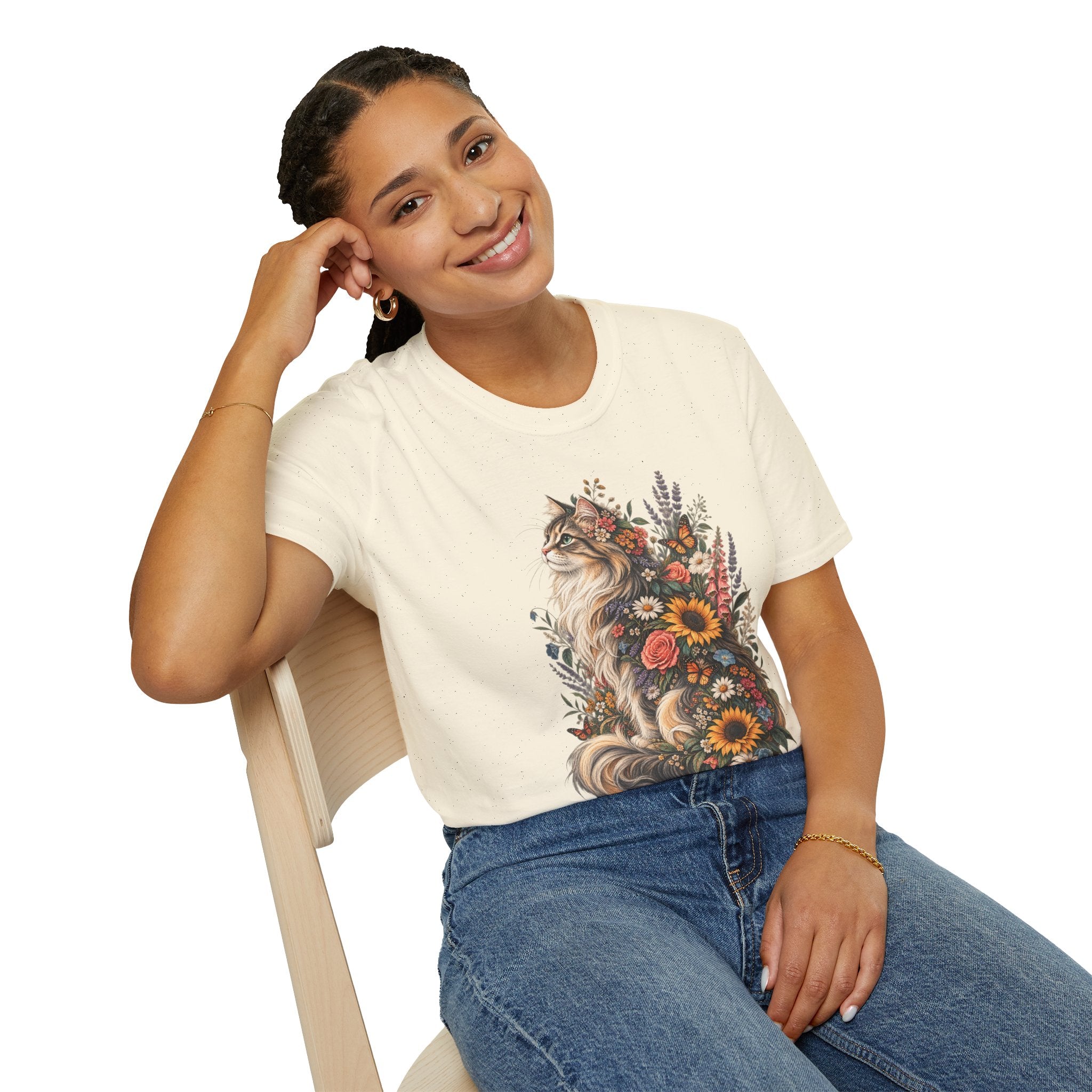 Floral Cat T-Shirt — Sunflower & Wildflower Cat Illustration Tee