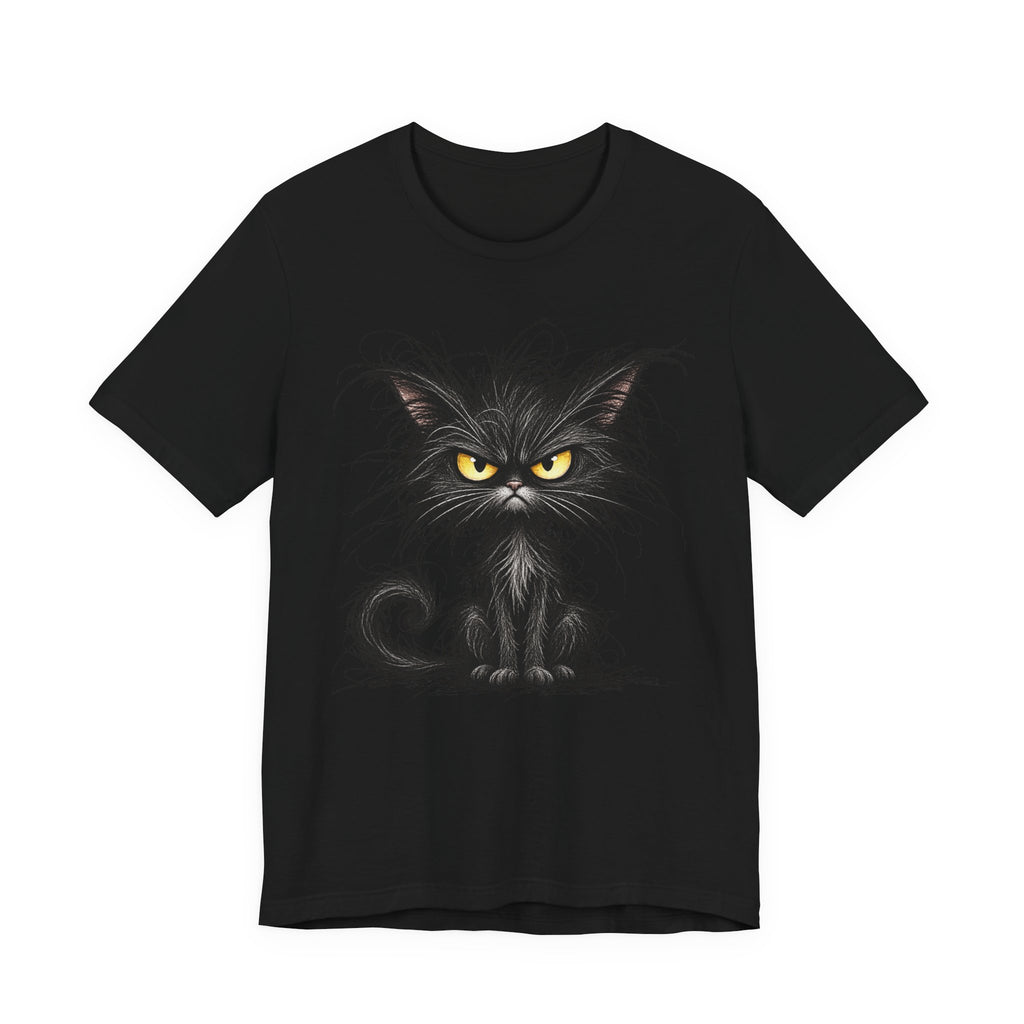 Grumpy Black Cat T‑Shirt — Cute Gothic Cat Tee with Yellow Eyes