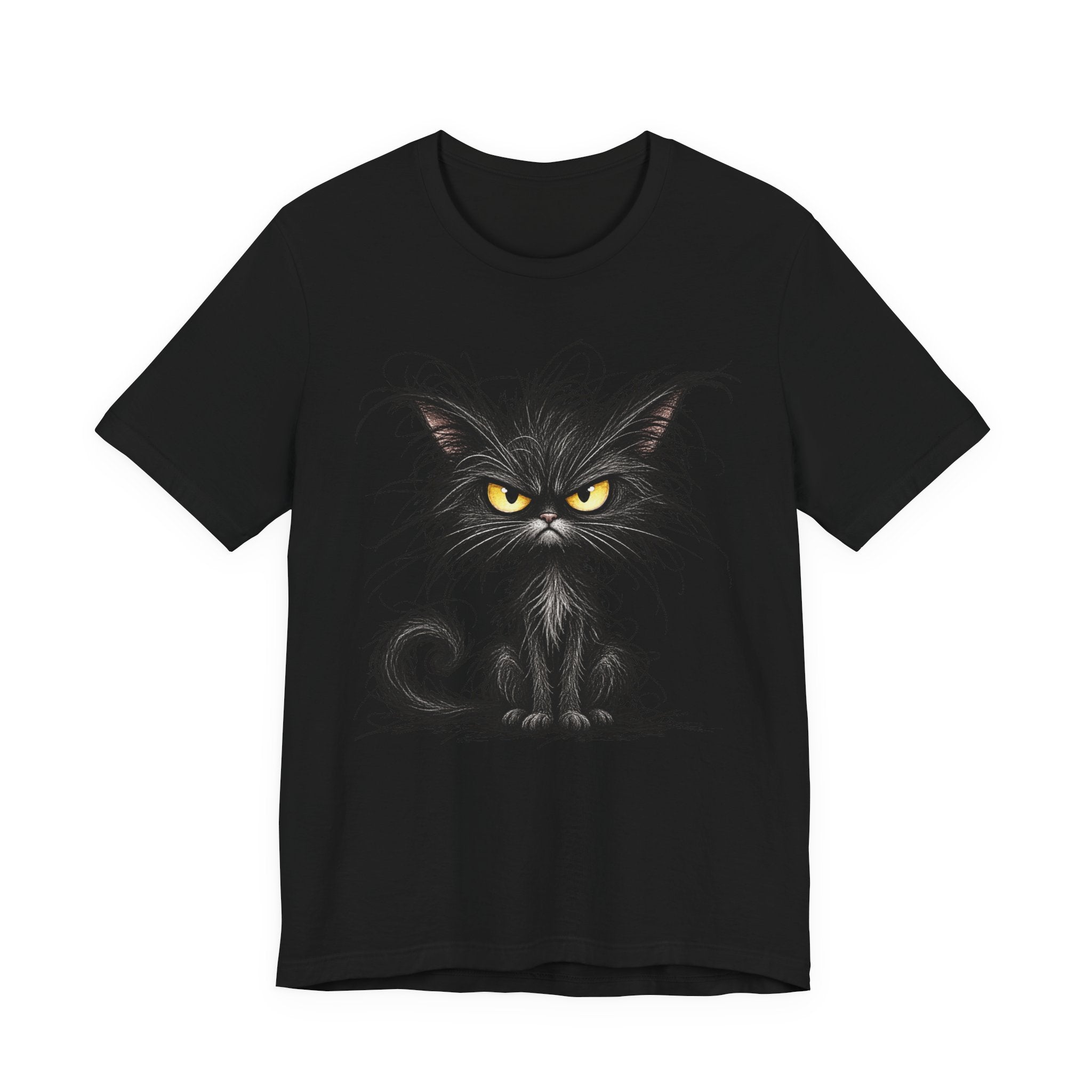 Grumpy Black Cat T‑Shirt — Cute Gothic Cat Tee with Yellow Eyes