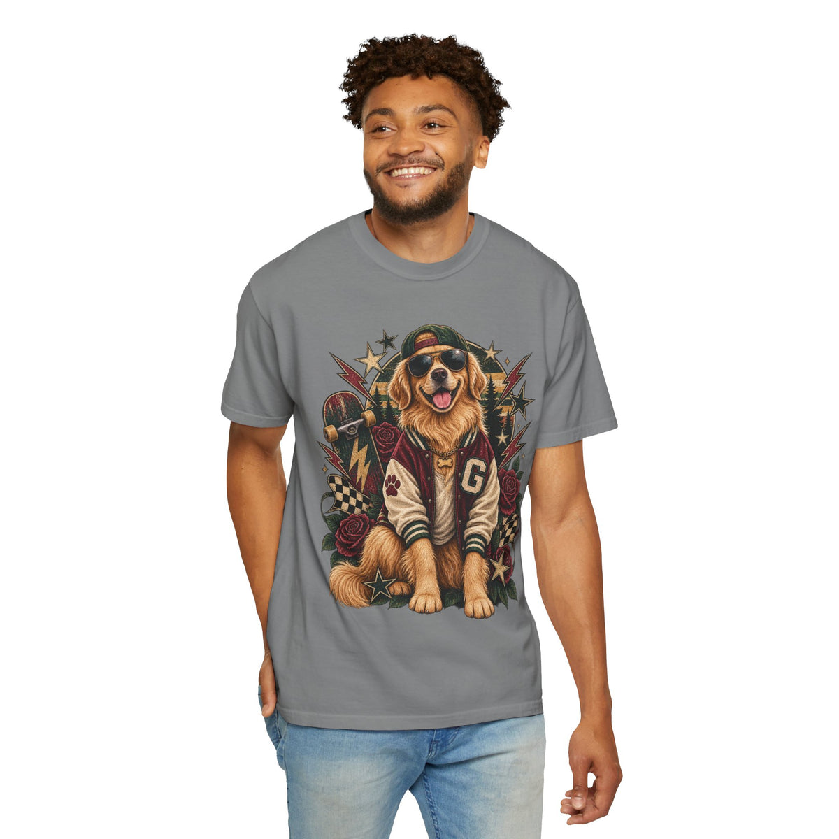 Golden Retriever Varsity T-Shirt — Retro Dog Jacket Design