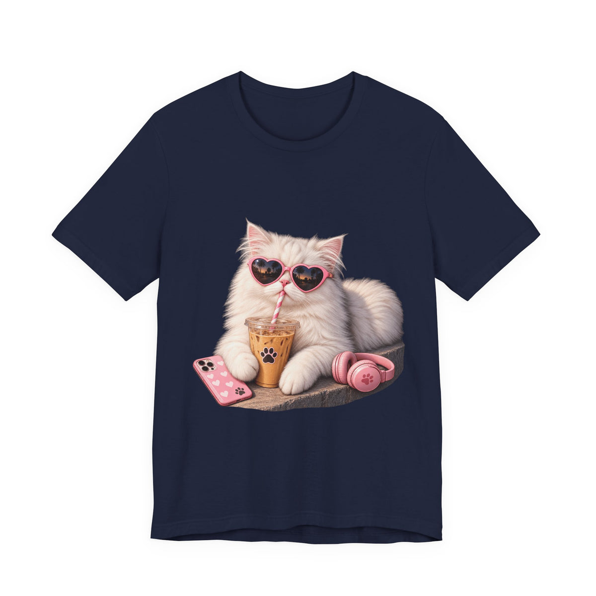 Cat With Boba T-Shirt — Cute White Cat Wearing Heart Sunglasses, Phone & Headphones Tee