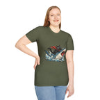 Cat Riding Shark T-Shirt — Retro Surf Graphic Tee for Cat Lovers