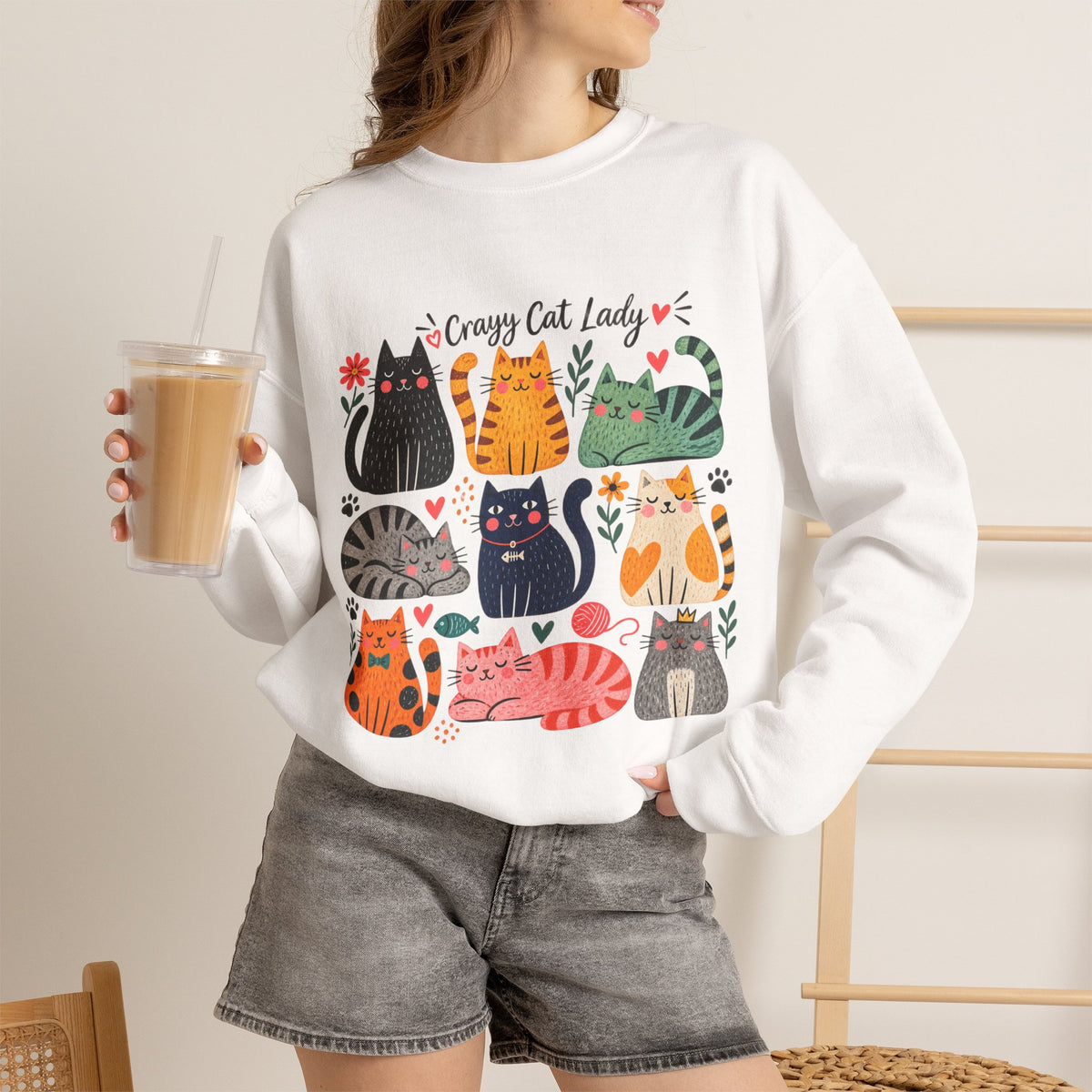Cat Lady Sweatshirt — Cute Colorful Cats Crewneck for Cat Lovers