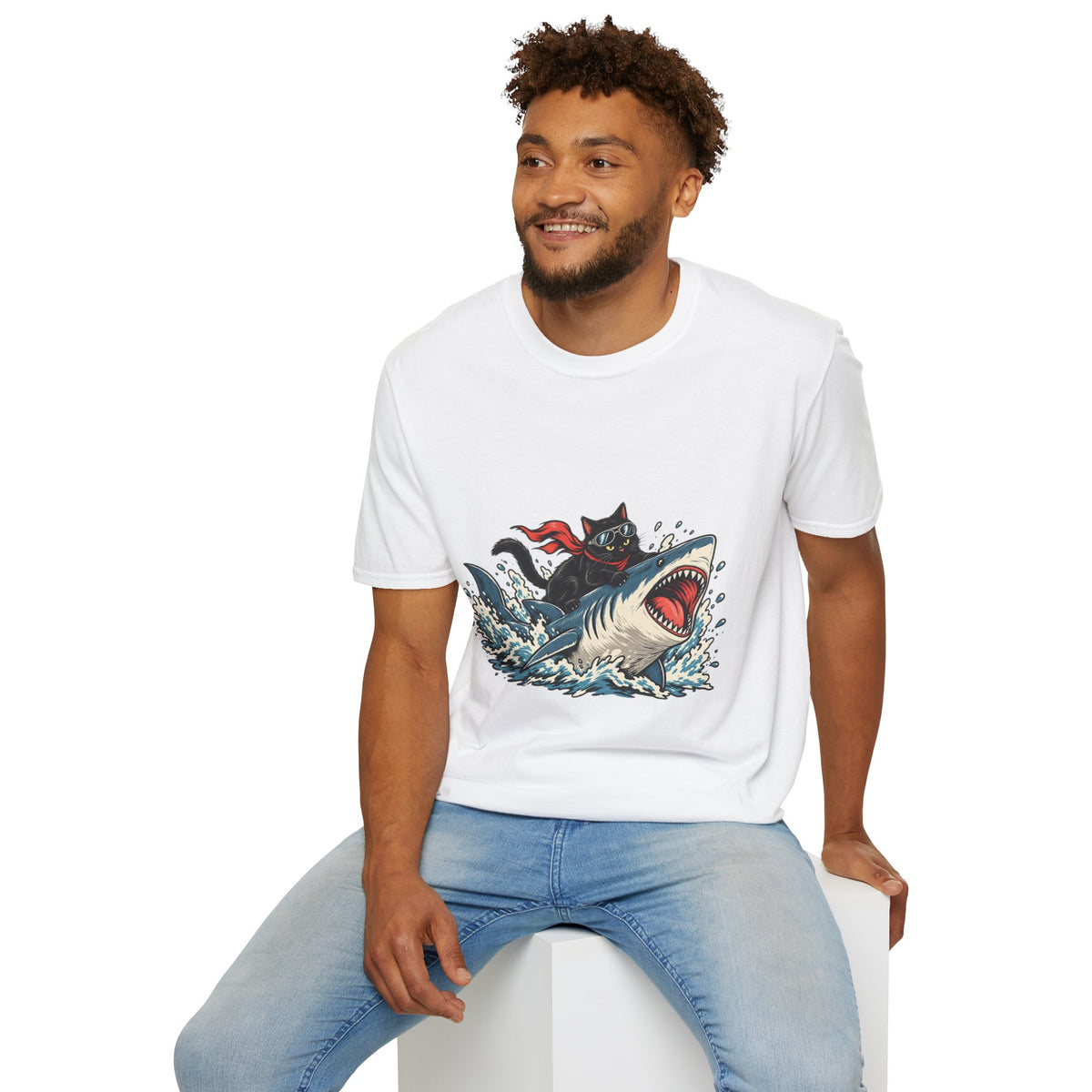 Cat Riding Shark T-Shirt — Retro Surf Graphic Tee for Cat Lovers