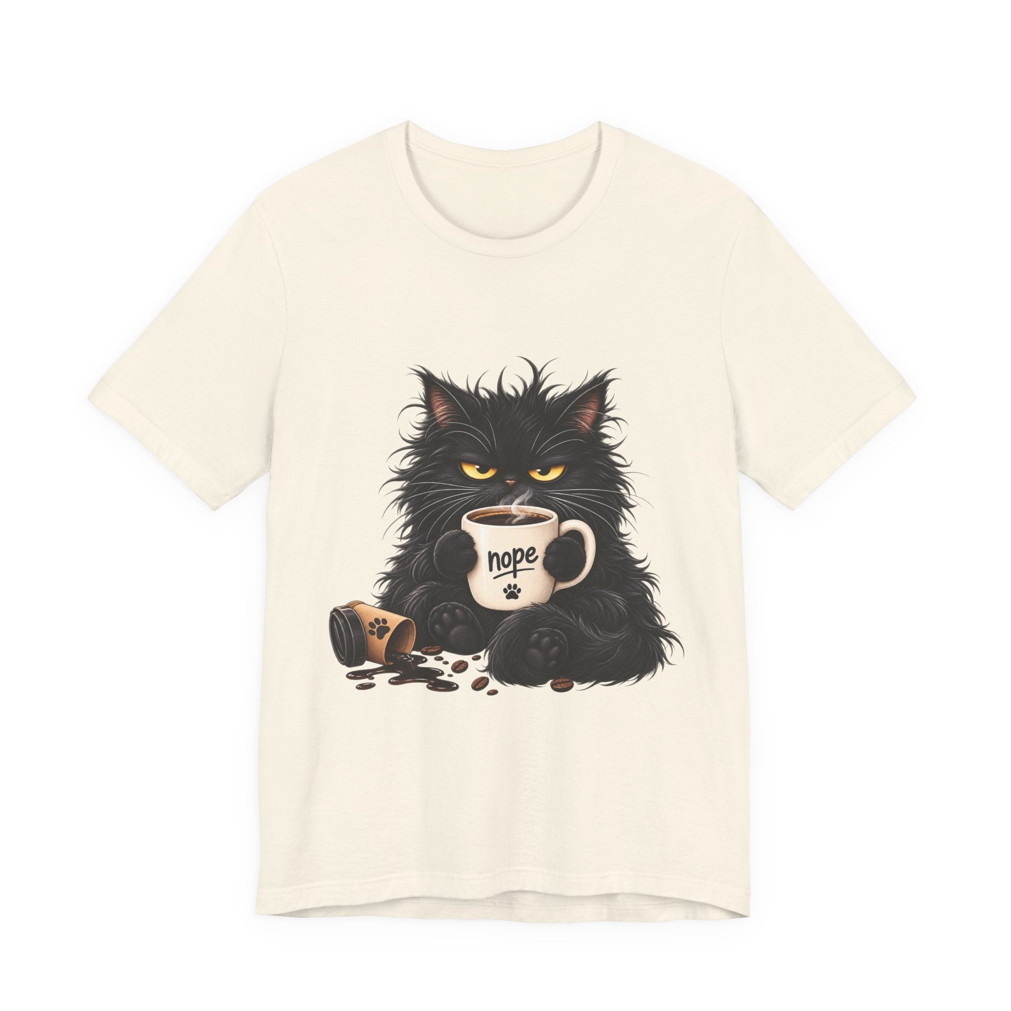 Nope Cat Coffee T‑Shirt — Grumpy Black Cat Holding 'Nope' Mug