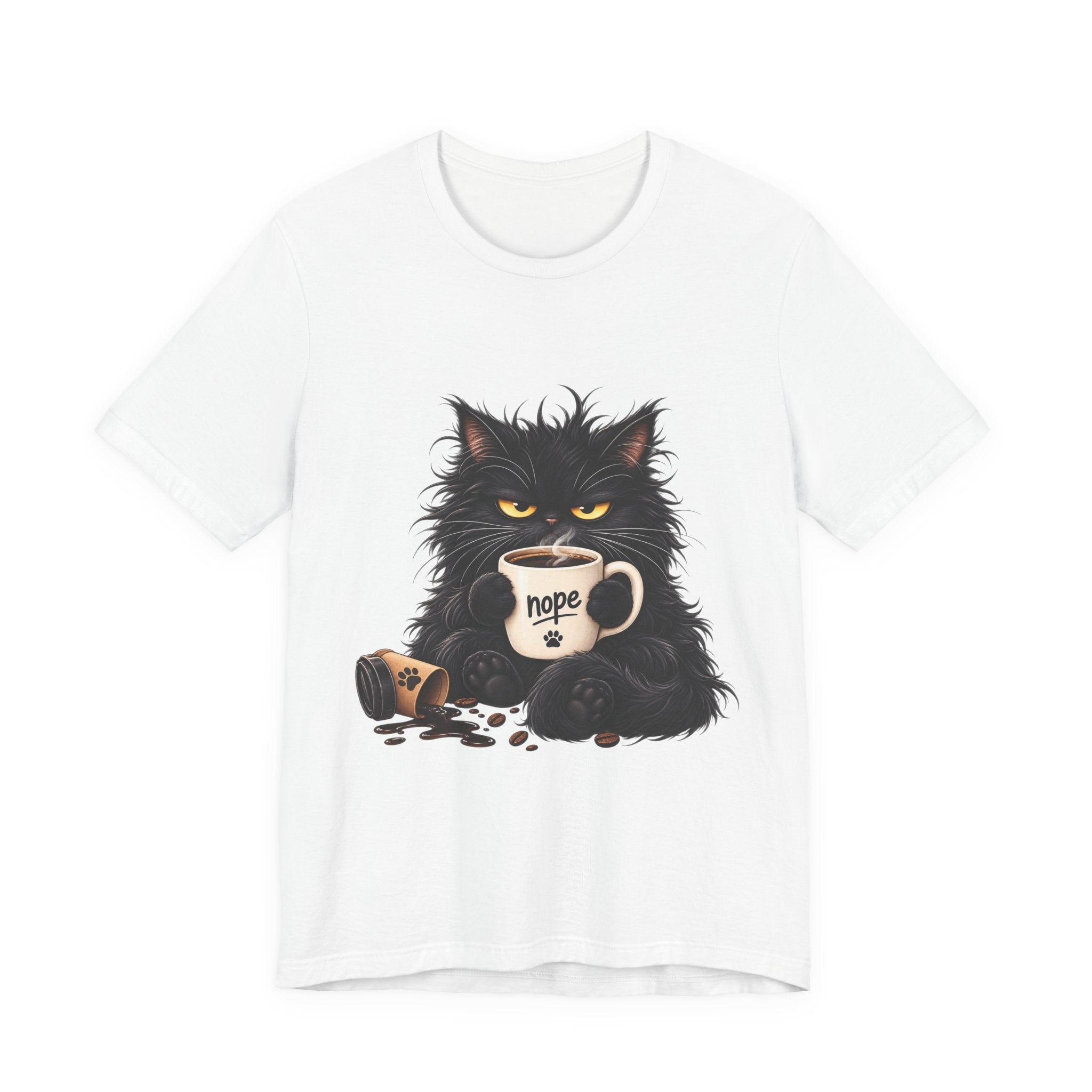 Nope Cat Coffee T‑Shirt — Grumpy Black Cat Holding 'Nope' Mug