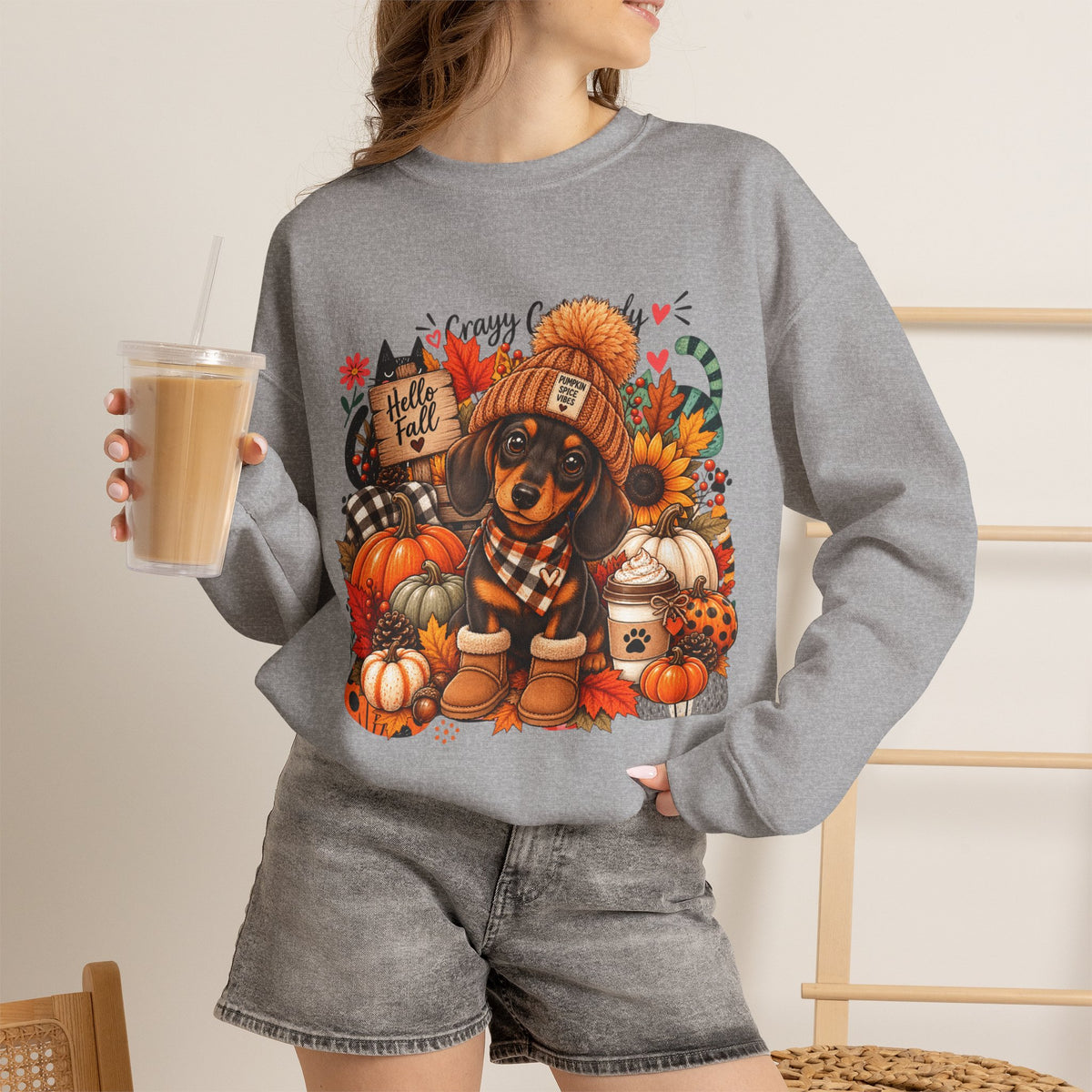 Fall Dachshund Sweatshirt – Cozy Pumpkin Patch Dog Crewneck (Hello Fall)