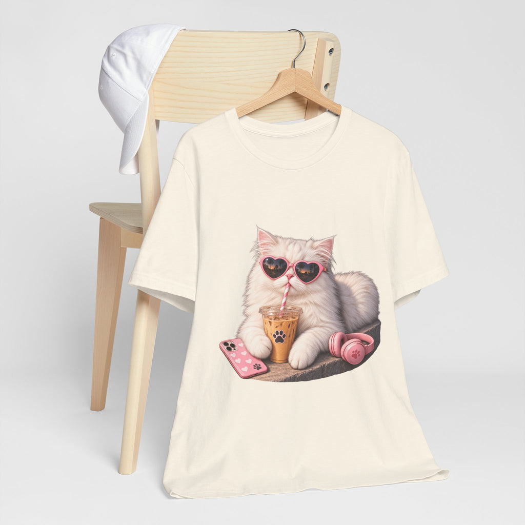 Cat With Boba T-Shirt — Cute White Cat Wearing Heart Sunglasses, Phone & Headphones Tee