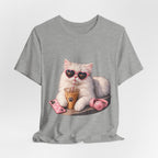 Cat With Boba T-Shirt — Cute White Cat Wearing Heart Sunglasses, Phone & Headphones Tee