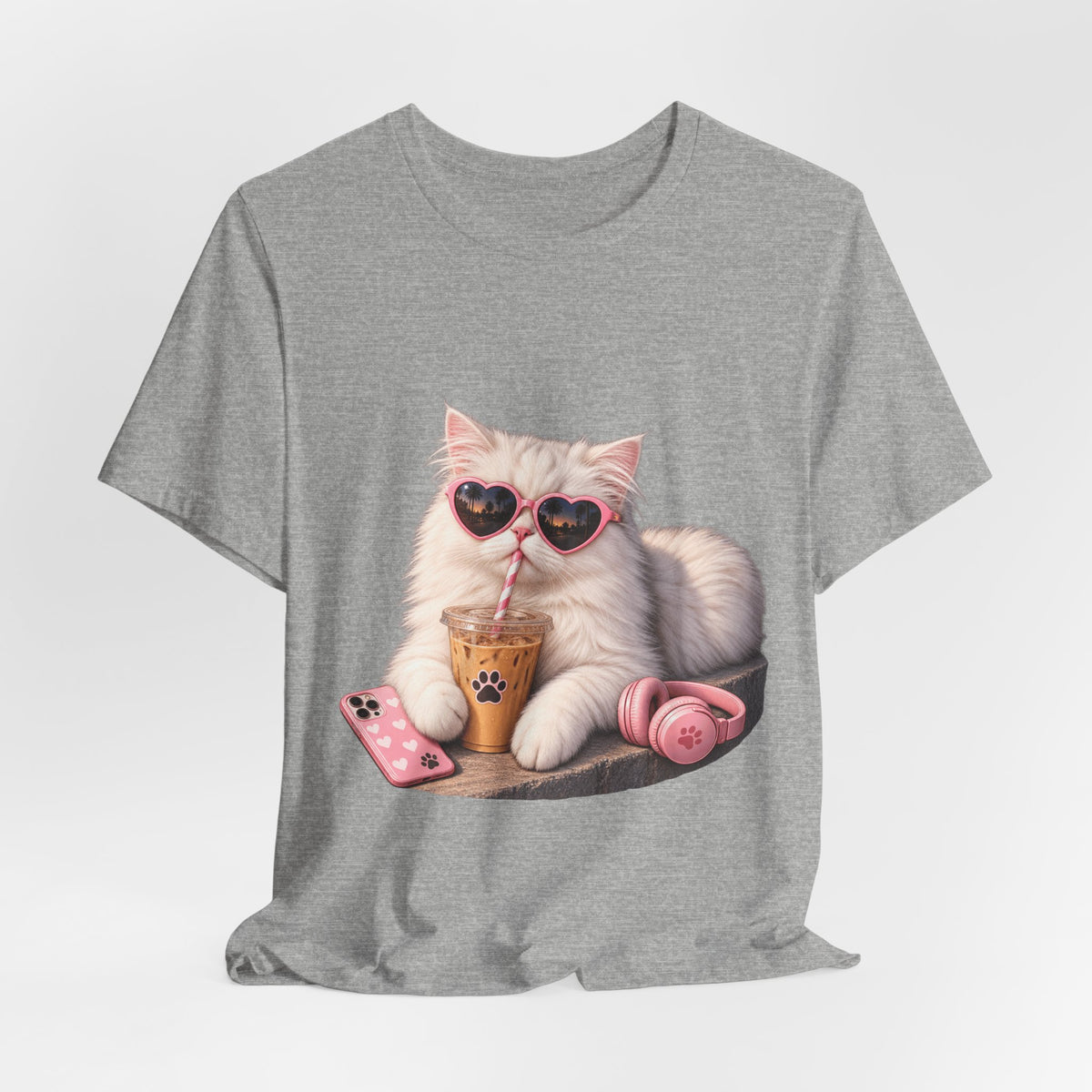 Cat With Boba T-Shirt — Cute White Cat Wearing Heart Sunglasses, Phone & Headphones Tee