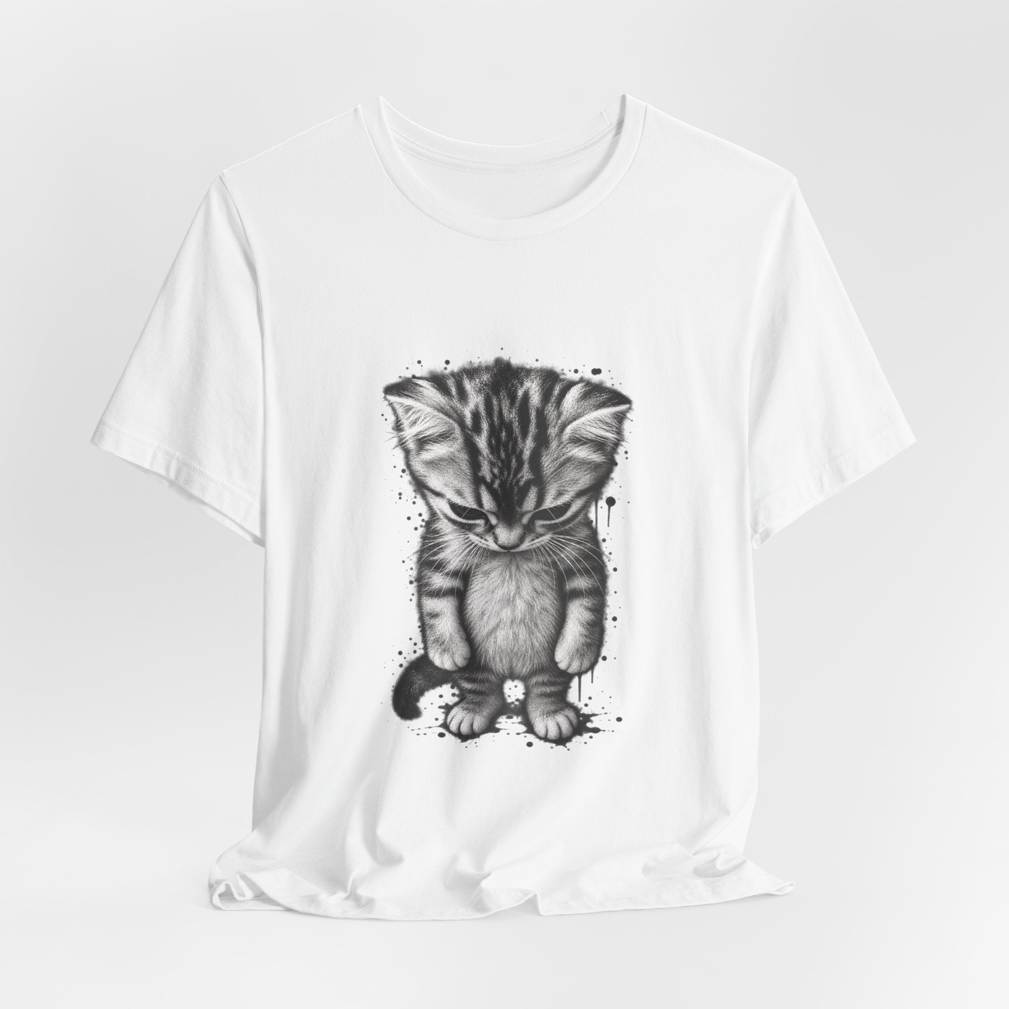 Sad Kitten Illustration T-Shirt — Cute Grayscale Cat Art Tee
