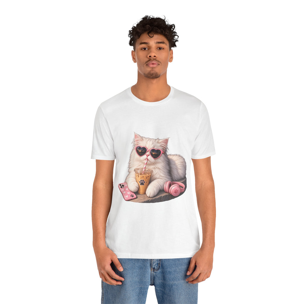 Cat With Boba T-Shirt — Cute White Cat Wearing Heart Sunglasses, Phone & Headphones Tee