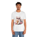 Cat With Boba T-Shirt — Cute White Cat Wearing Heart Sunglasses, Phone & Headphones Tee