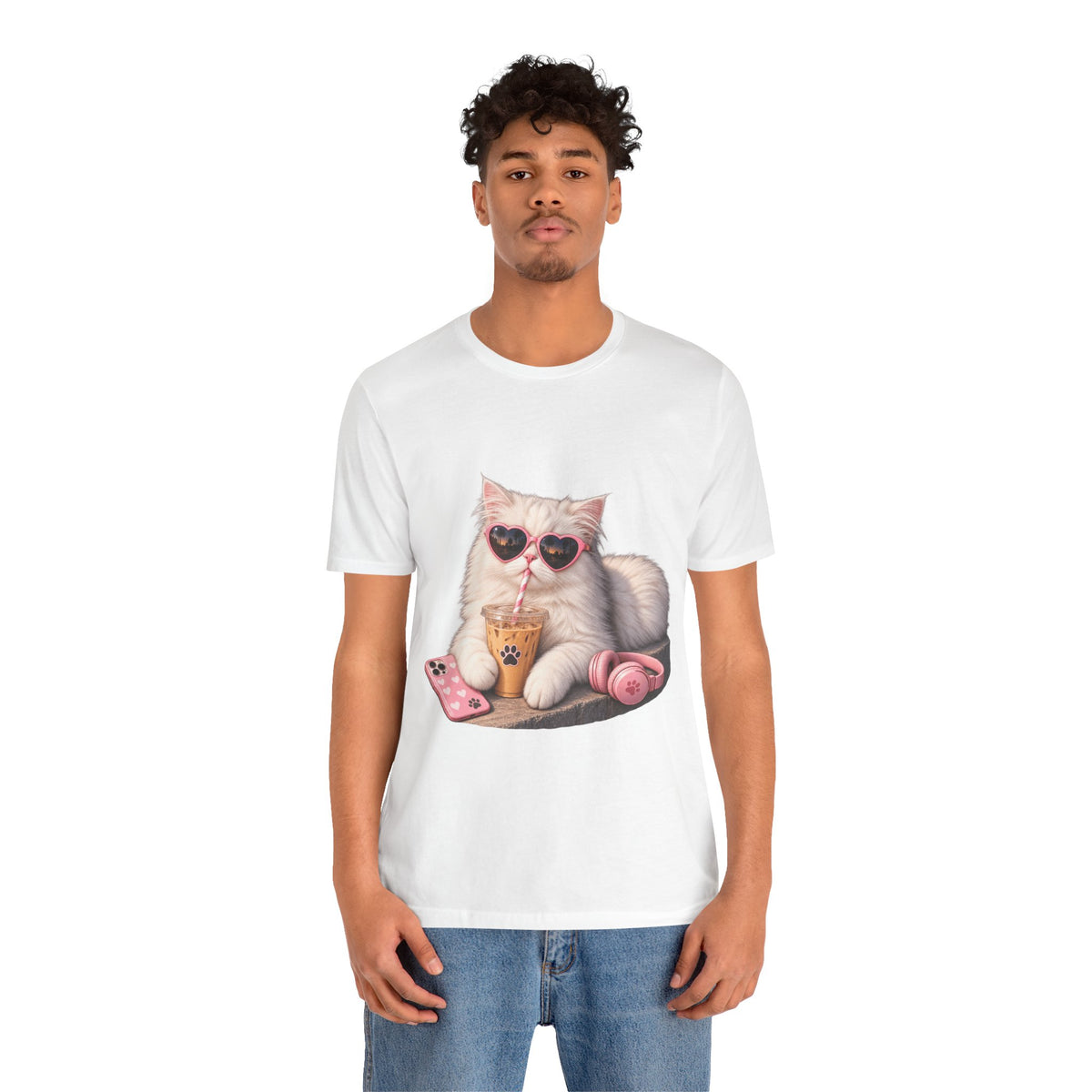 Cat With Boba T-Shirt — Cute White Cat Wearing Heart Sunglasses, Phone & Headphones Tee