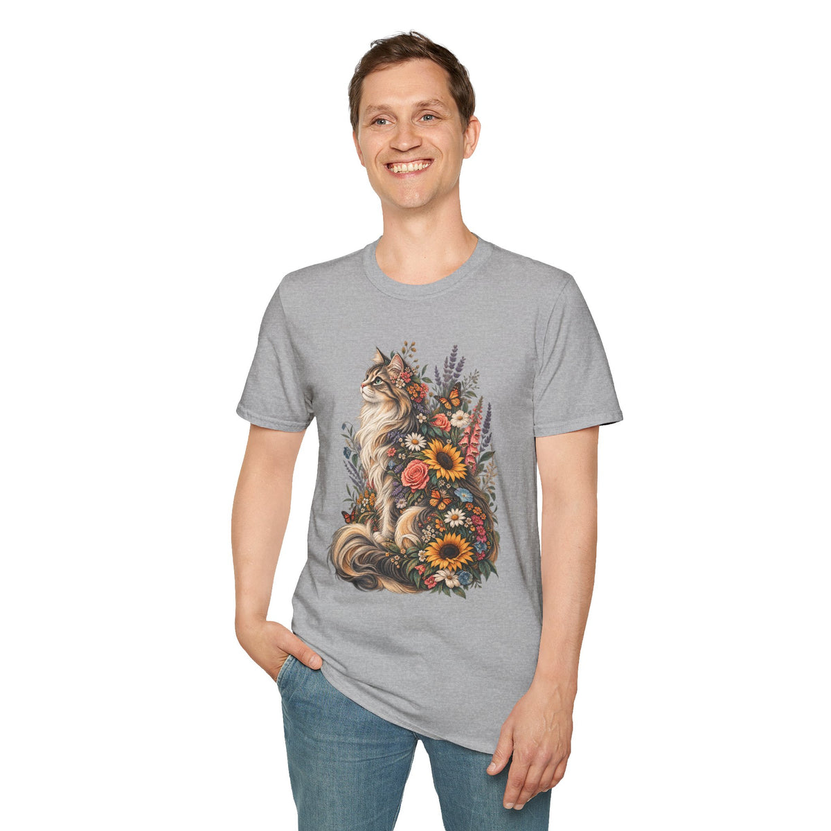 Floral Cat T-Shirt — Sunflower & Wildflower Cat Illustration Tee
