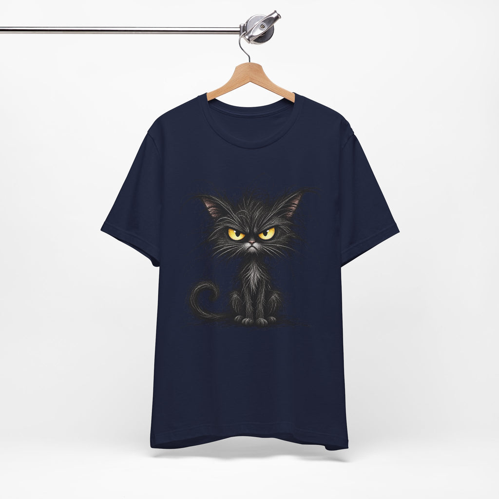 Grumpy Black Cat T‑Shirt — Cute Gothic Cat Tee with Yellow Eyes