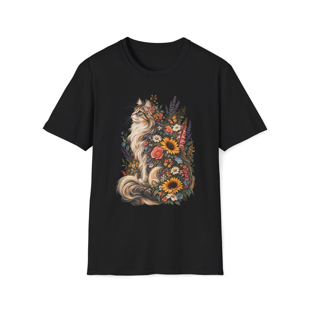 Floral Cat T-Shirt — Sunflower & Wildflower Cat Illustration Tee