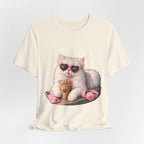 Cat With Boba T-Shirt — Cute White Cat Wearing Heart Sunglasses, Phone & Headphones Tee