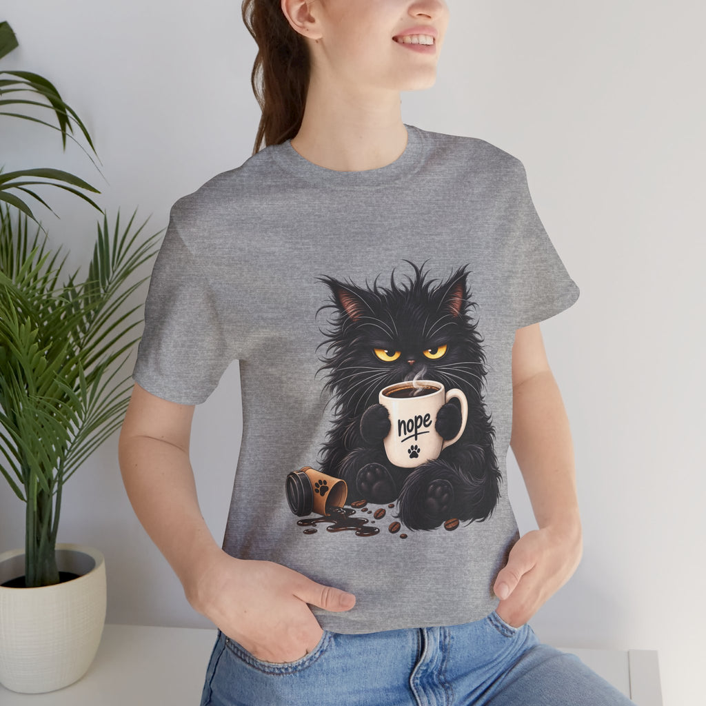 Nope Cat Coffee T‑Shirt — Grumpy Black Cat Holding 'Nope' Mug