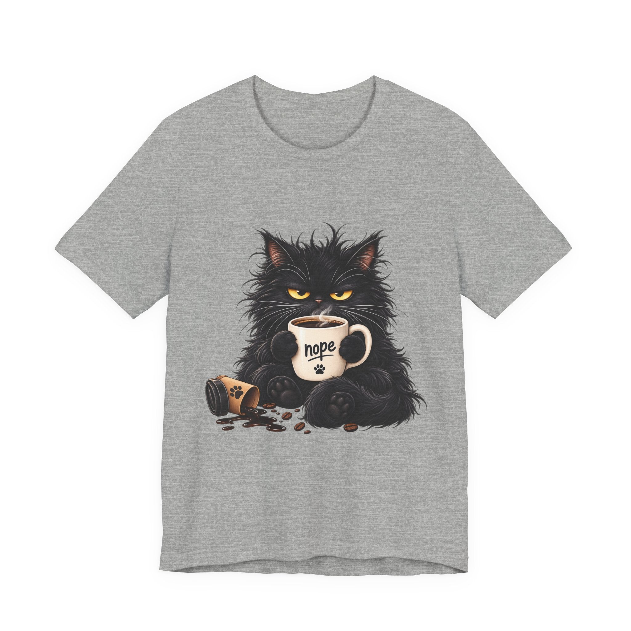 Nope Cat Coffee T‑Shirt — Grumpy Black Cat Holding 'Nope' Mug