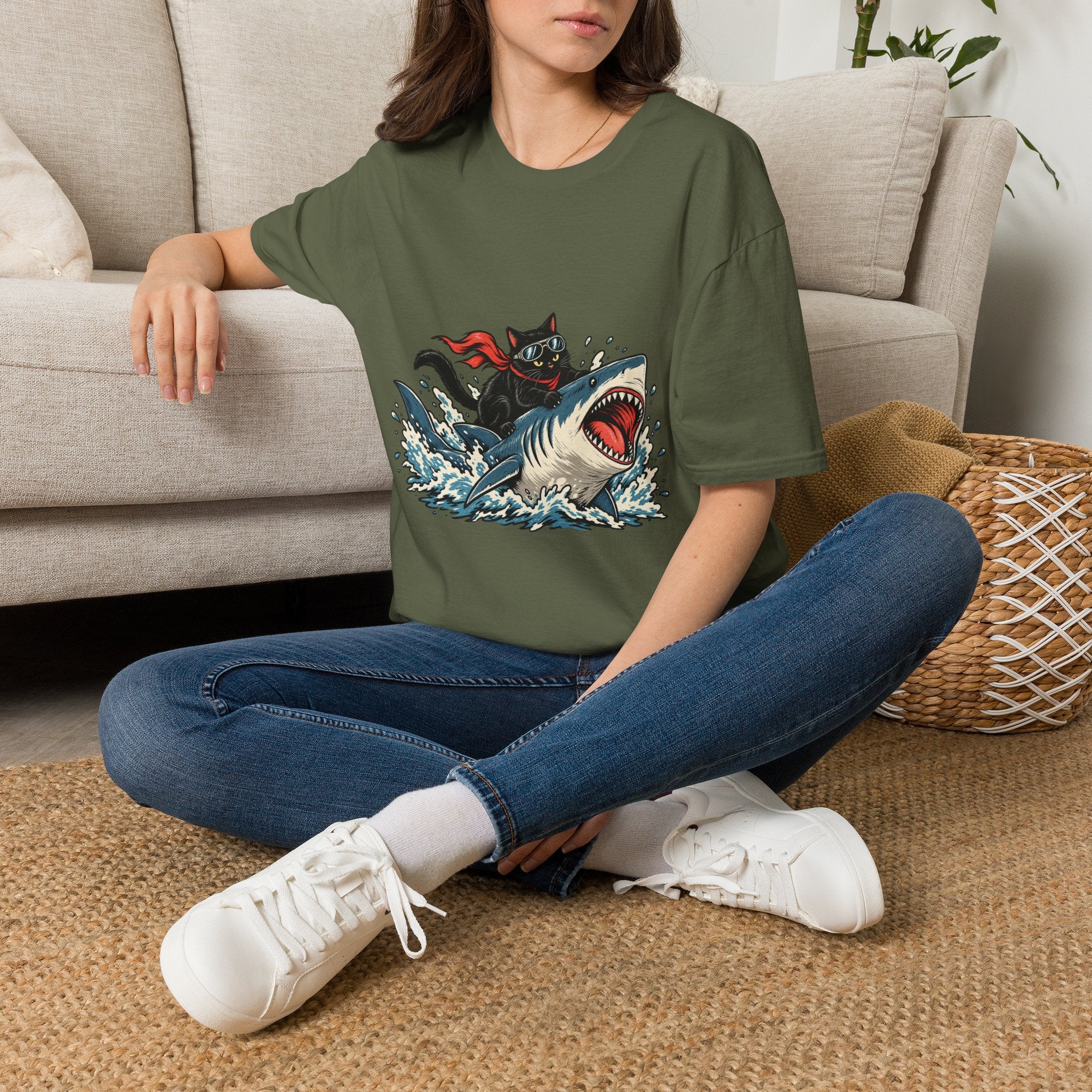 Cat Riding Shark T-Shirt — Retro Surf Graphic Tee for Cat Lovers