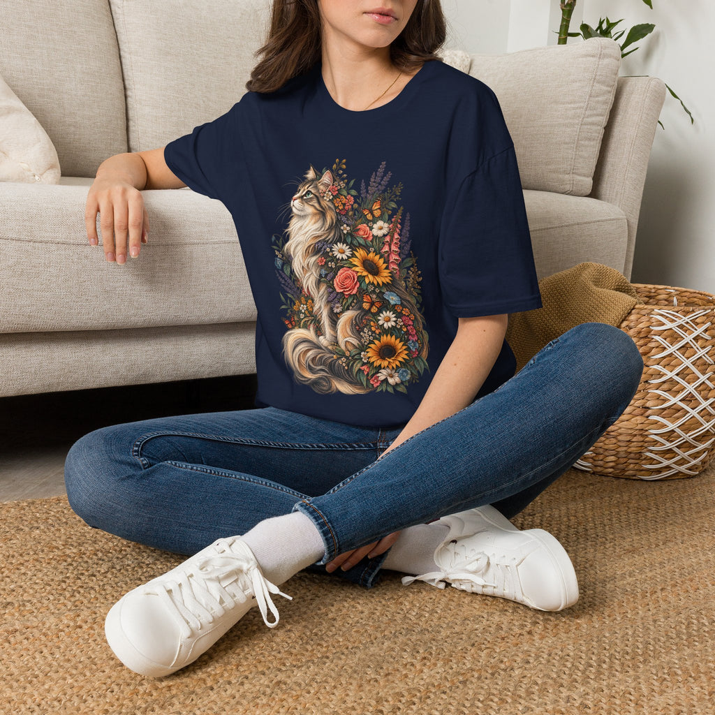 Floral Cat T-Shirt — Sunflower & Wildflower Cat Illustration Tee