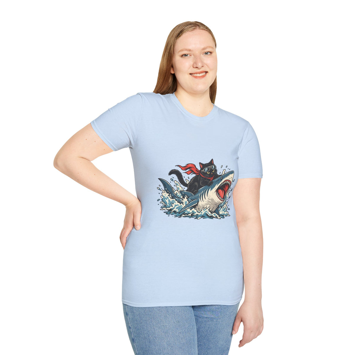 Cat Riding Shark T-Shirt — Retro Surf Graphic Tee for Cat Lovers