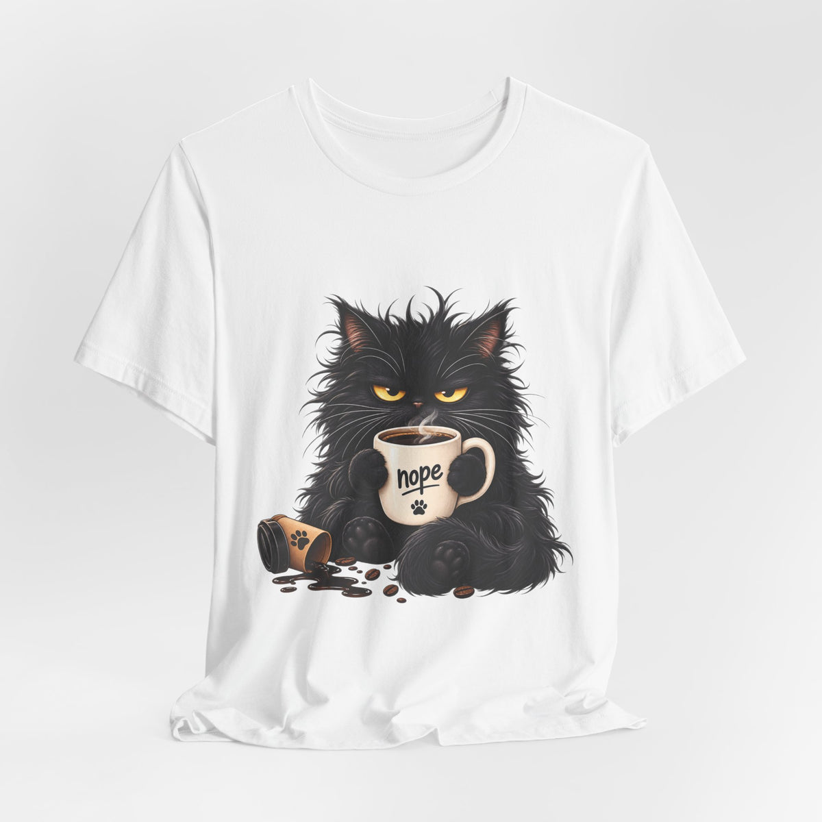 Nope Cat Coffee T‑Shirt — Grumpy Black Cat Holding 'Nope' Mug