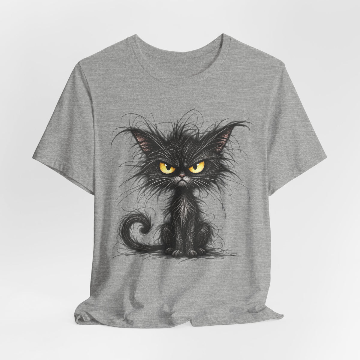 Grumpy Black Cat T‑Shirt — Cute Gothic Cat Tee with Yellow Eyes