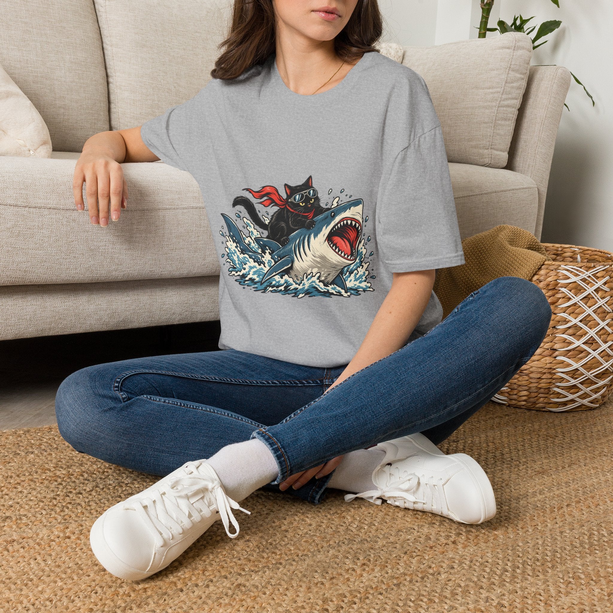 Cat Riding Shark T-Shirt — Retro Surf Graphic Tee for Cat Lovers
