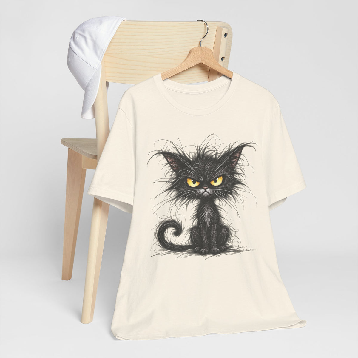 Grumpy Black Cat T‑Shirt — Cute Gothic Cat Tee with Yellow Eyes