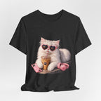 Cat With Boba T-Shirt — Cute White Cat Wearing Heart Sunglasses, Phone & Headphones Tee