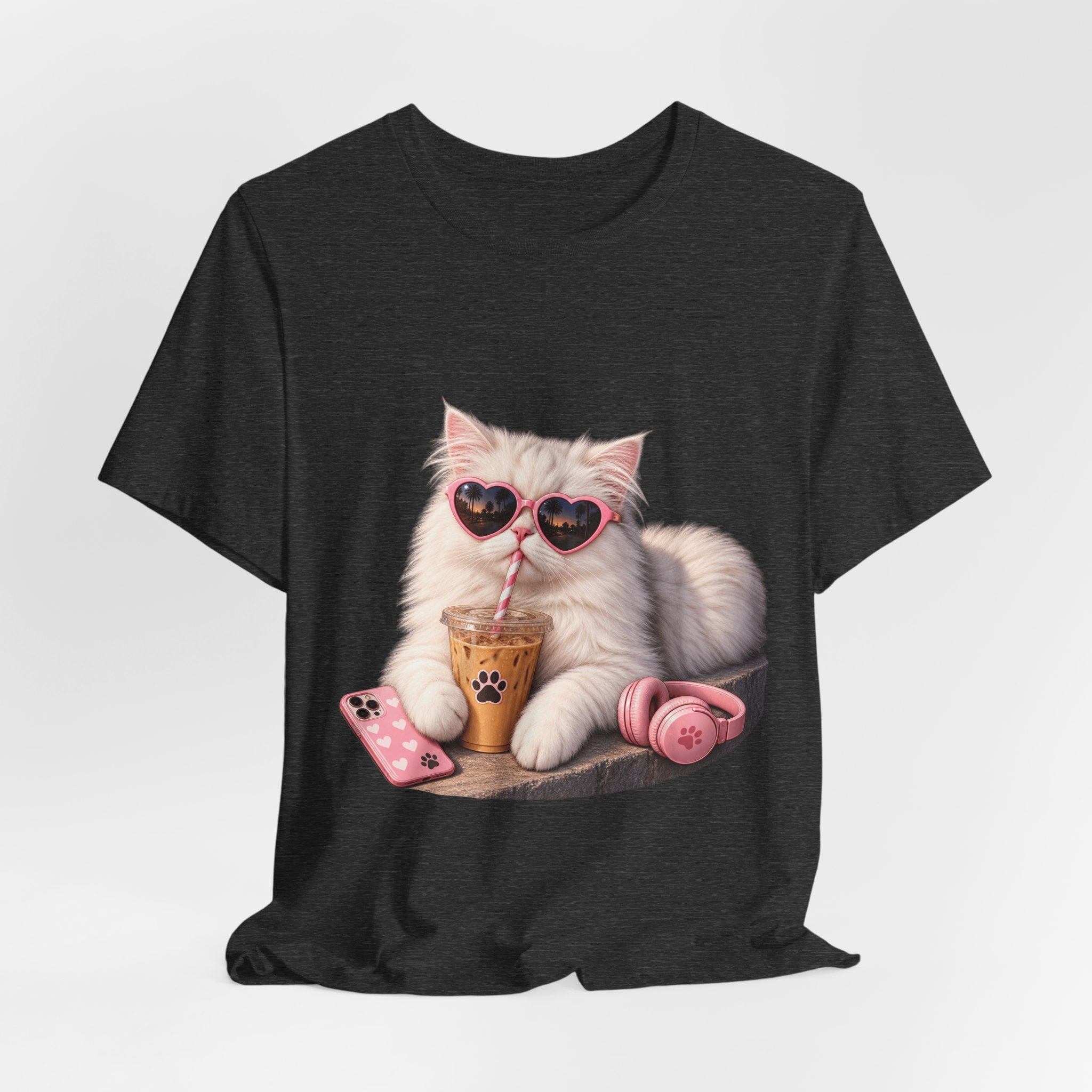 Cat With Boba T-Shirt — Cute White Cat Wearing Heart Sunglasses, Phone & Headphones Tee