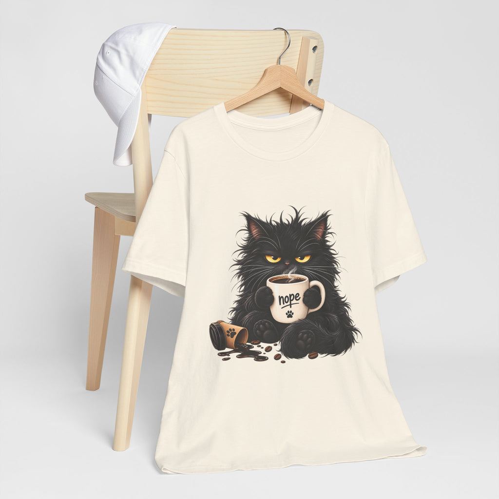 Nope Cat Coffee T‑Shirt — Grumpy Black Cat Holding 'Nope' Mug