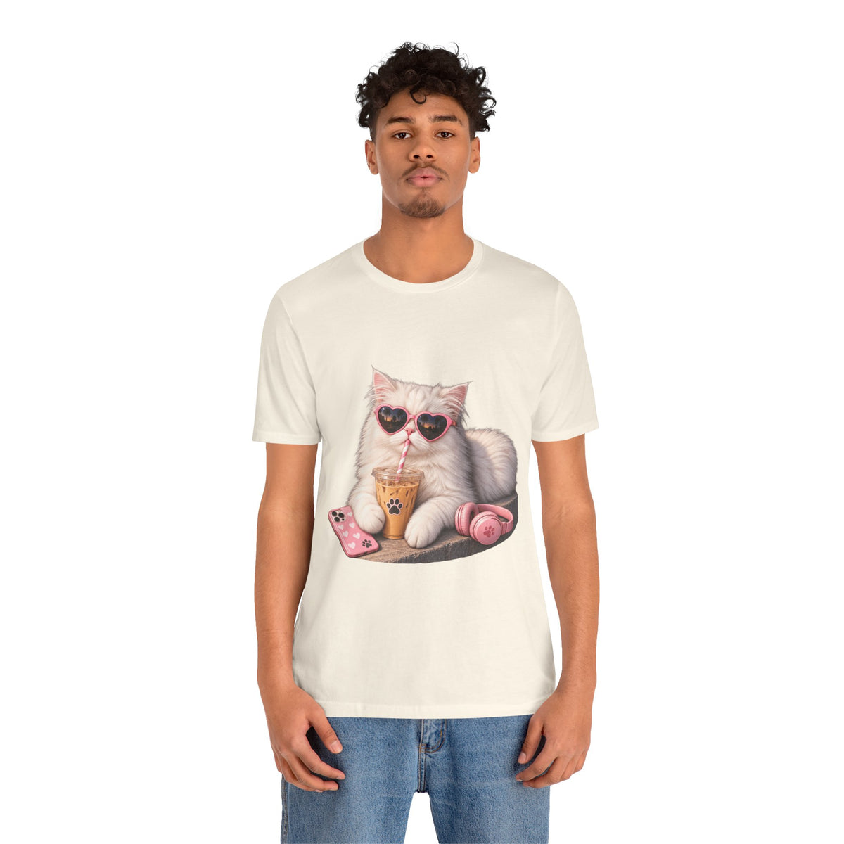 Cat With Boba T-Shirt — Cute White Cat Wearing Heart Sunglasses, Phone & Headphones Tee