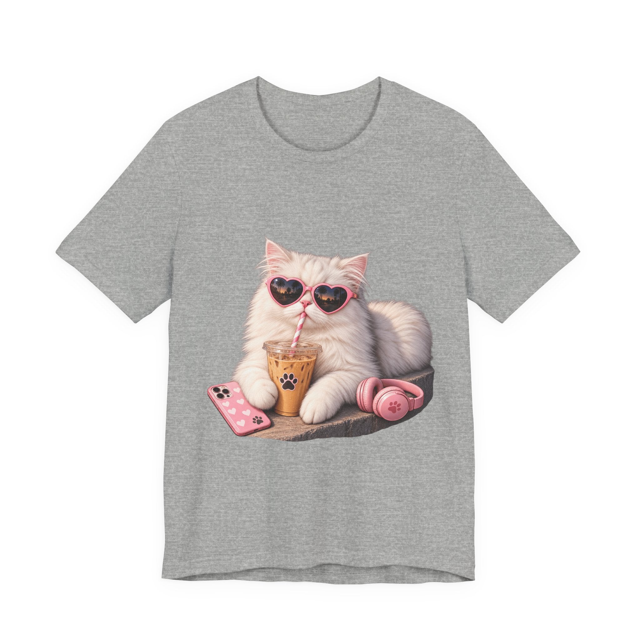 Cat With Boba T-Shirt — Cute White Cat Wearing Heart Sunglasses, Phone & Headphones Tee