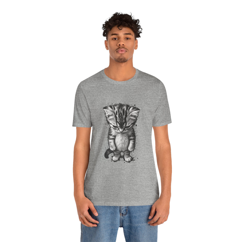 Sad Kitten Illustration T-Shirt — Cute Grayscale Cat Art Tee