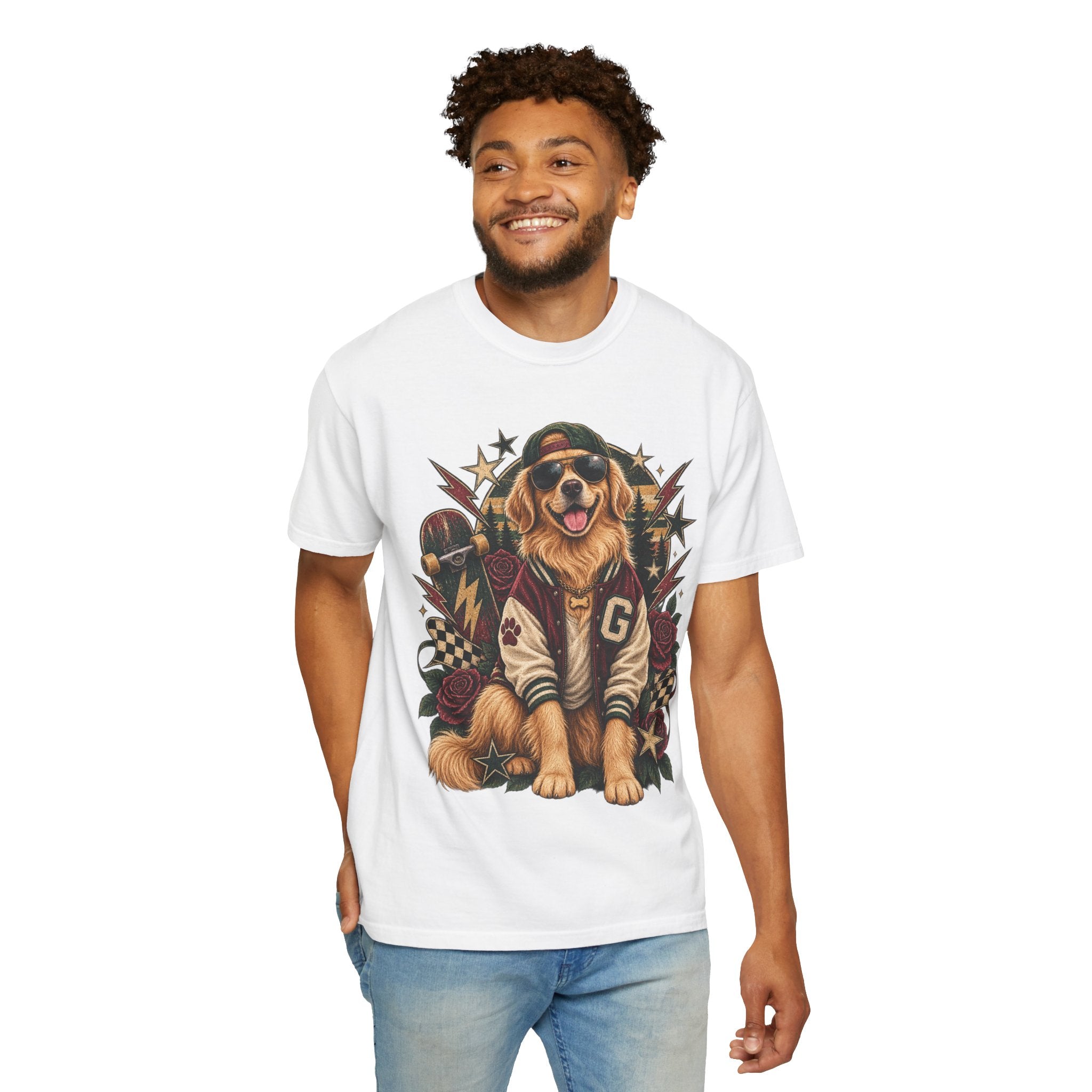Golden Retriever Varsity T-Shirt — Retro Dog Jacket Design