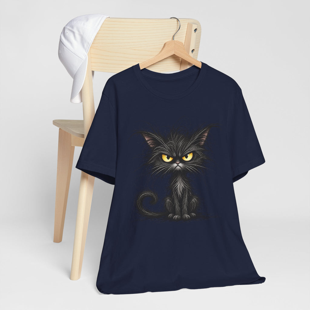 Grumpy Black Cat T‑Shirt — Cute Gothic Cat Tee with Yellow Eyes