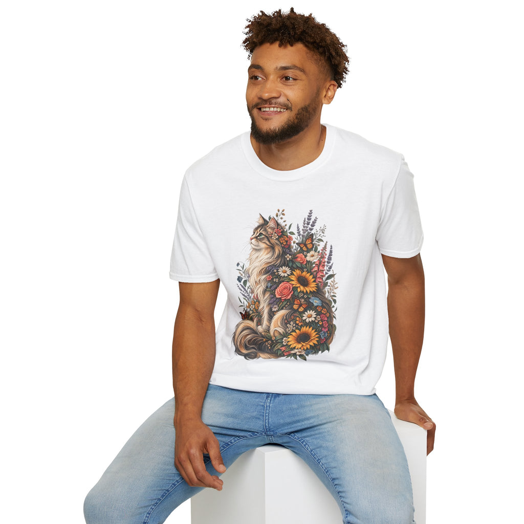 Floral Cat T-Shirt — Sunflower & Wildflower Cat Illustration Tee