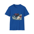 Cat Riding Shark T-Shirt — Retro Surf Graphic Tee for Cat Lovers
