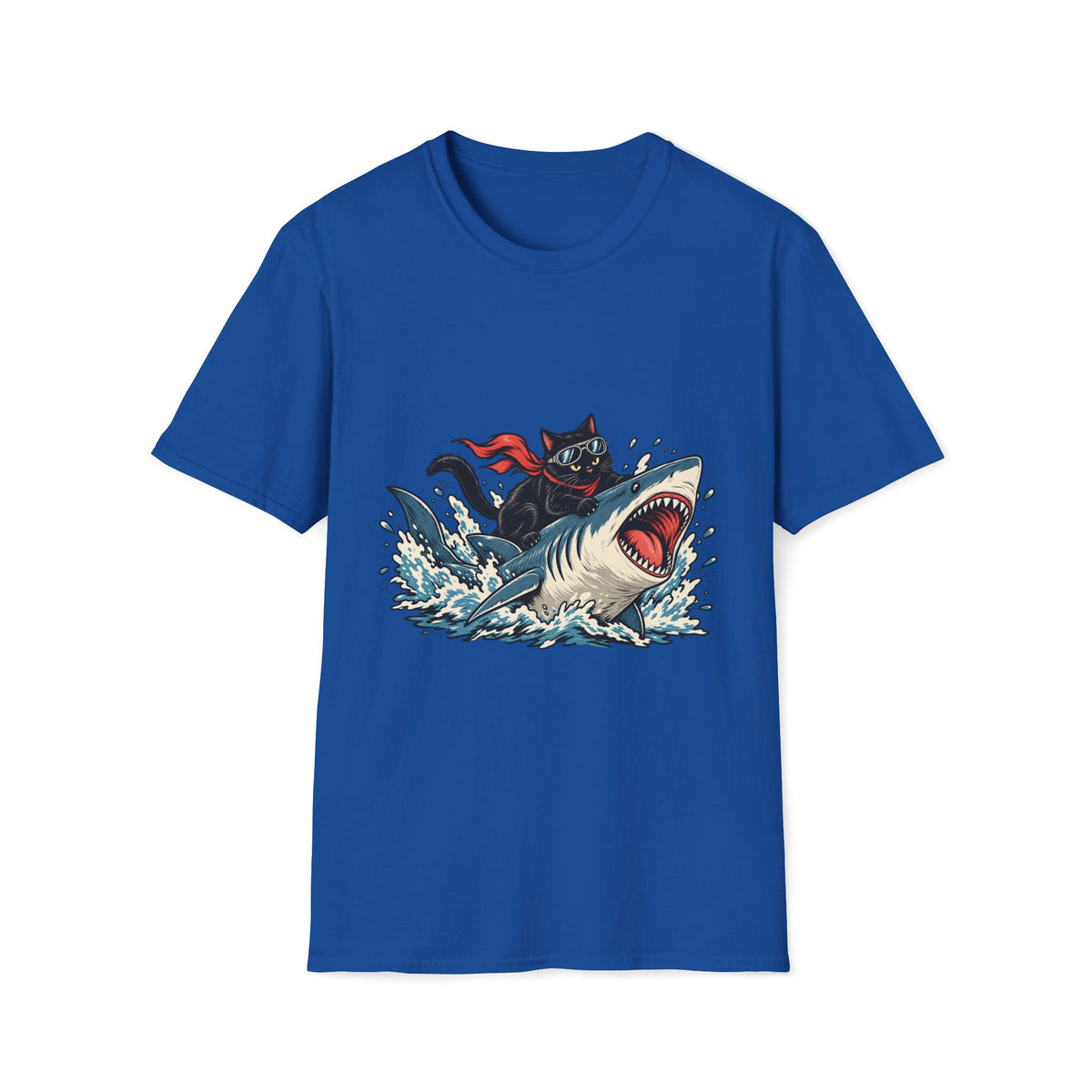 Cat Riding Shark T-Shirt — Retro Surf Graphic Tee for Cat Lovers