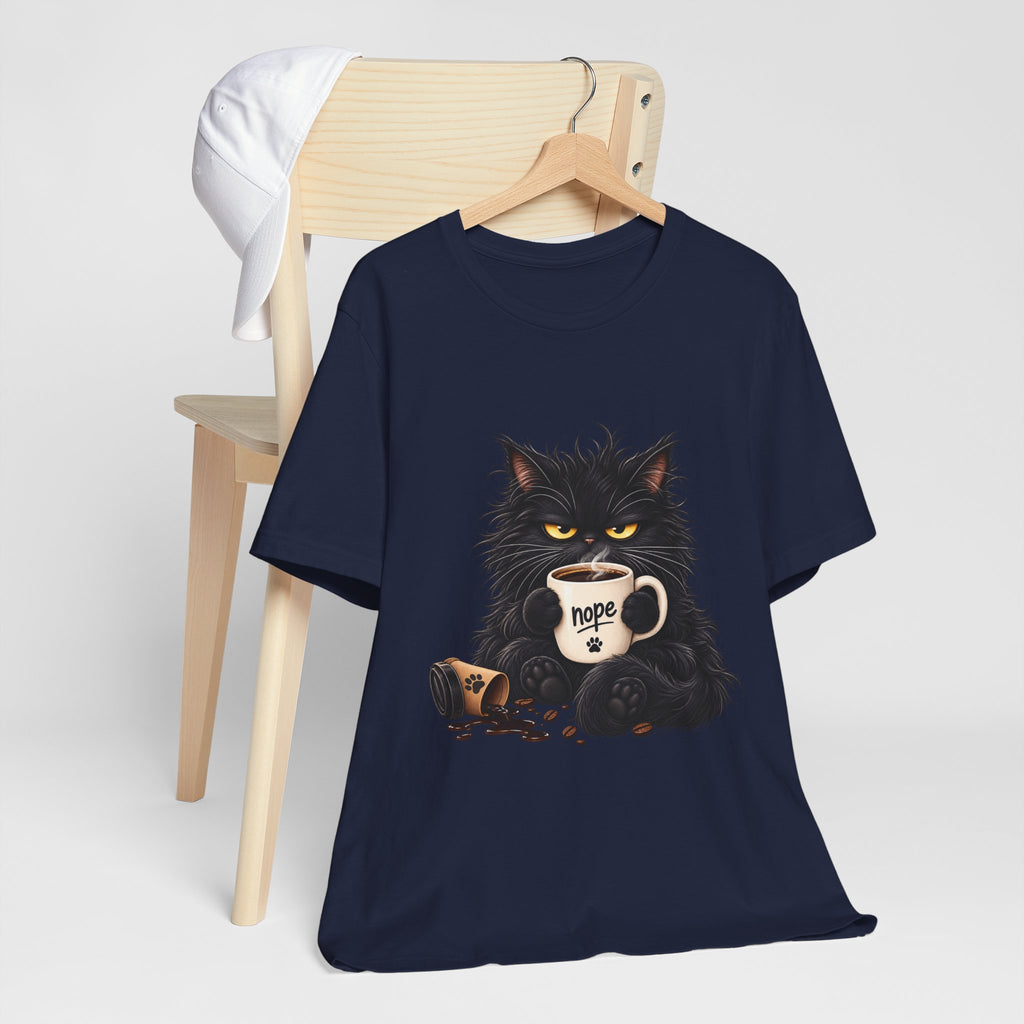 Nope Cat Coffee T‑Shirt — Grumpy Black Cat Holding 'Nope' Mug