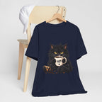 Nope Cat Coffee T‑Shirt — Grumpy Black Cat Holding 'Nope' Mug