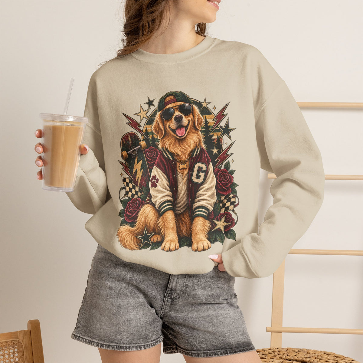 Golden Retriever Varsity Crewneck Sweatshirt — Retro Dog Lover Sweater