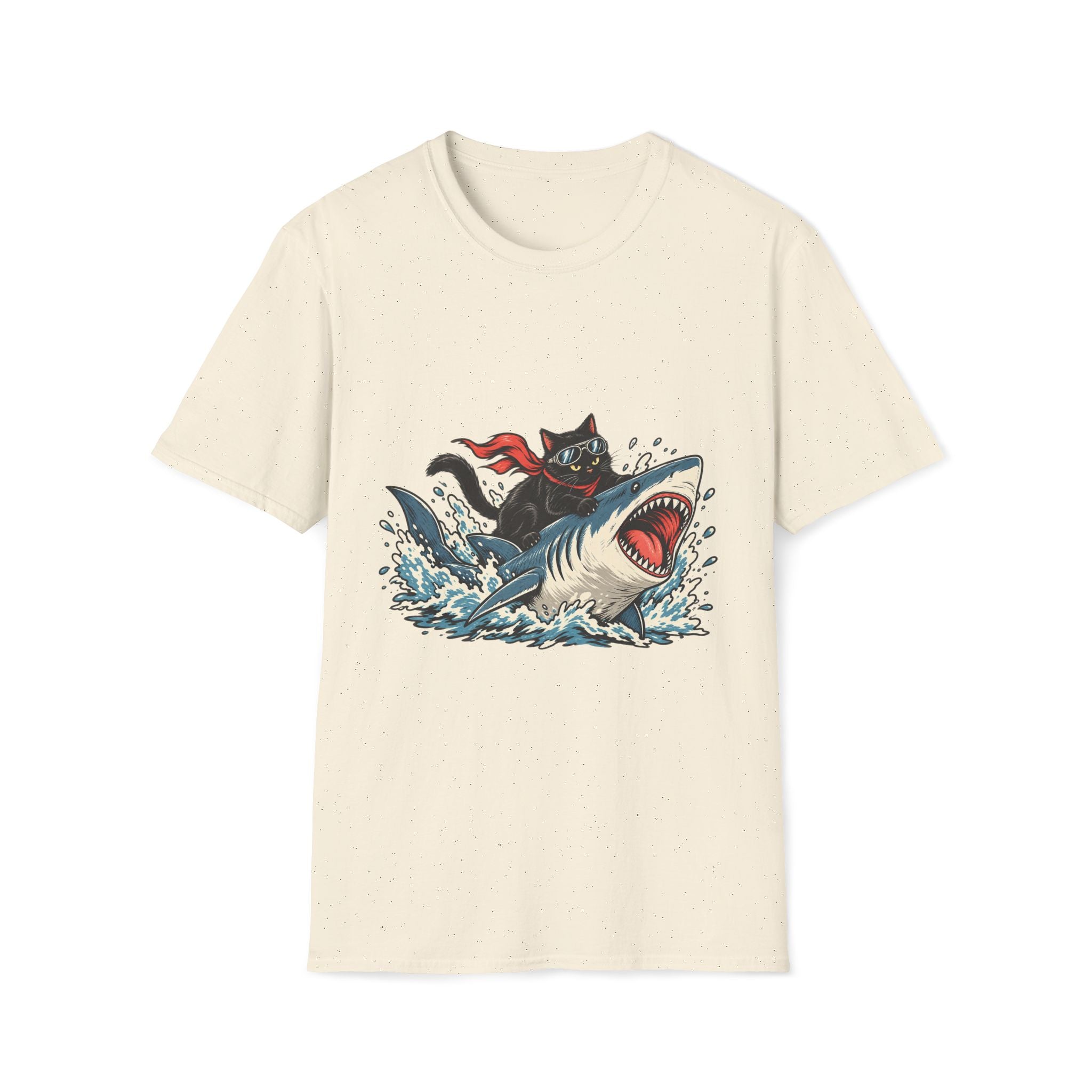 Cat Riding Shark T-Shirt — Retro Surf Graphic Tee for Cat Lovers