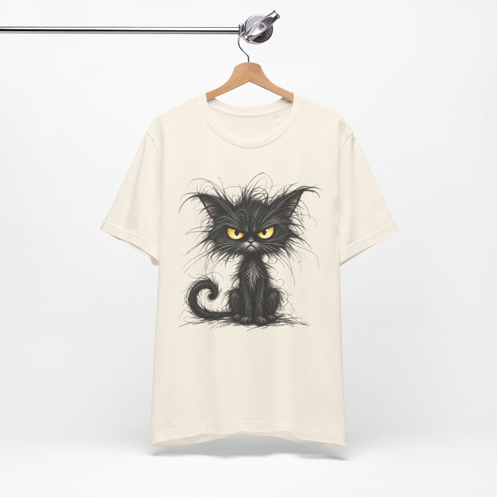 Grumpy Black Cat T‑Shirt — Cute Gothic Cat Tee with Yellow Eyes